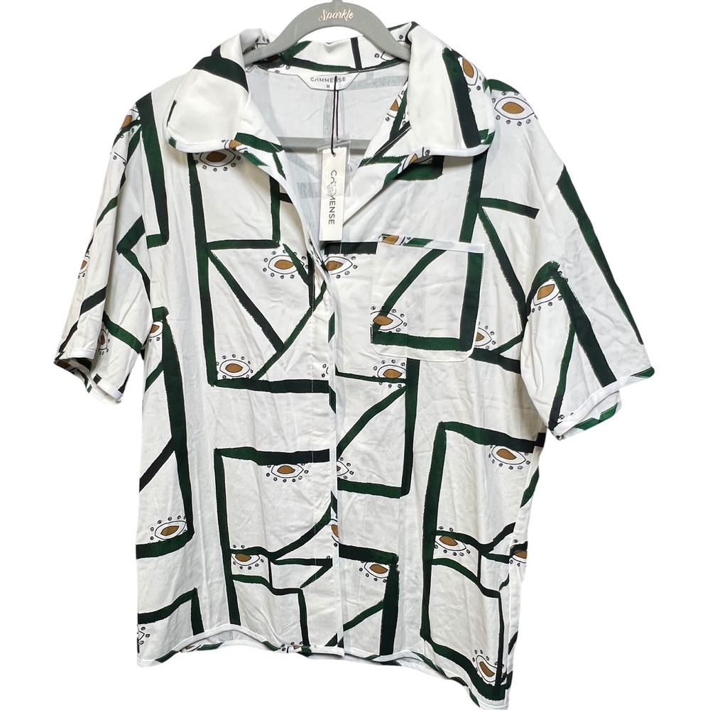 Commense White Button-Down Shirt with Dark Green Geometric & Mustard Accents